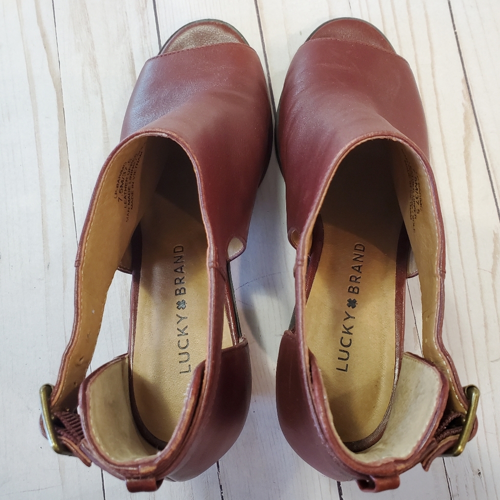 Lucky Brand Burgundy Leather Barimo Open Toe Bootie Size 7.5 - Picture 10 of 16